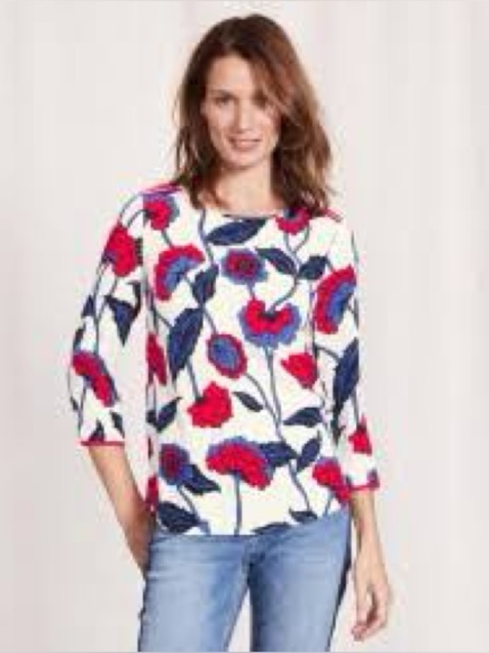 Boden White Floral Top with Red and Navy Blooms